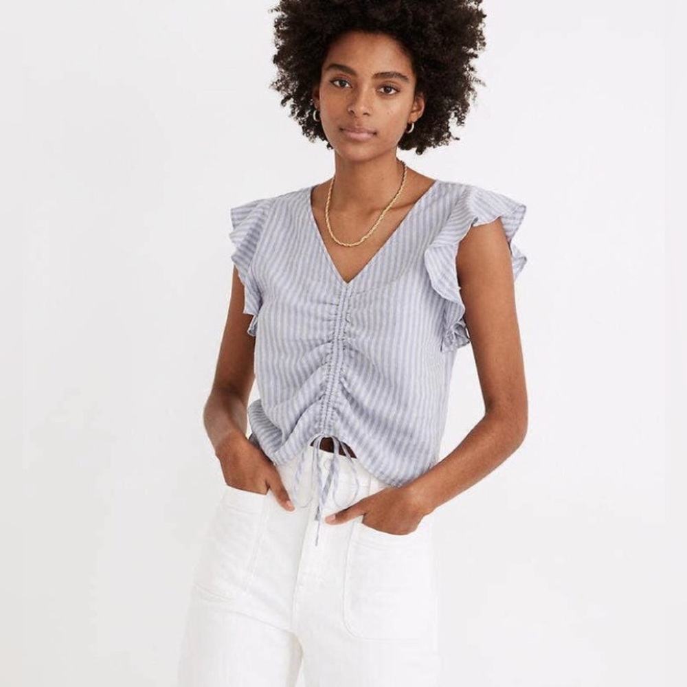Madewell | Linen Blend Ruffle Sleeve Drawstring Crop Top